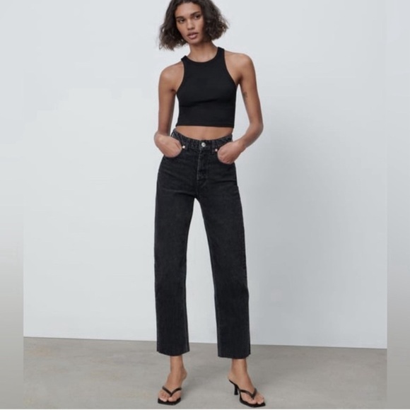 Zara Denim - Zara black wash button fly straight leg ankle fray jeans